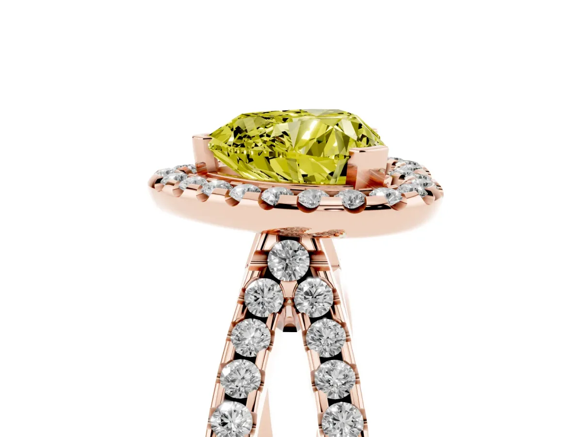 Fancy Yellow Heart Cut Diamond Halo Ring with Split Shank Pavé Band and Prong Setting Rose gold