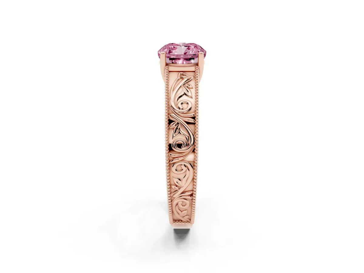 Fancy Pink Cushion Cut Diamond Solitaire Ring with Engraved Band and Four-Prong Setting Rose gold