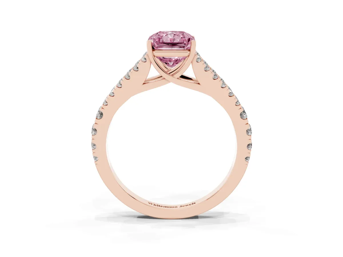 Fancy Pink Radiant Cut Diamond Split Shank Engagement Ring with Round Pavé and Prong Setting Rose gold