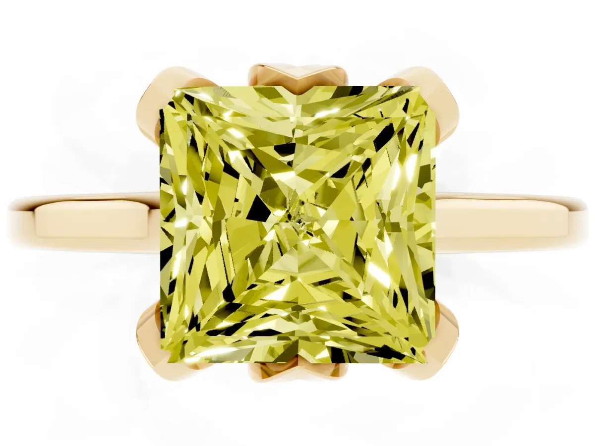 Fancy Yellow Princess Cut Diamond Solitaire Ring with Flower Prong Setting and Classic Band Yellow gold