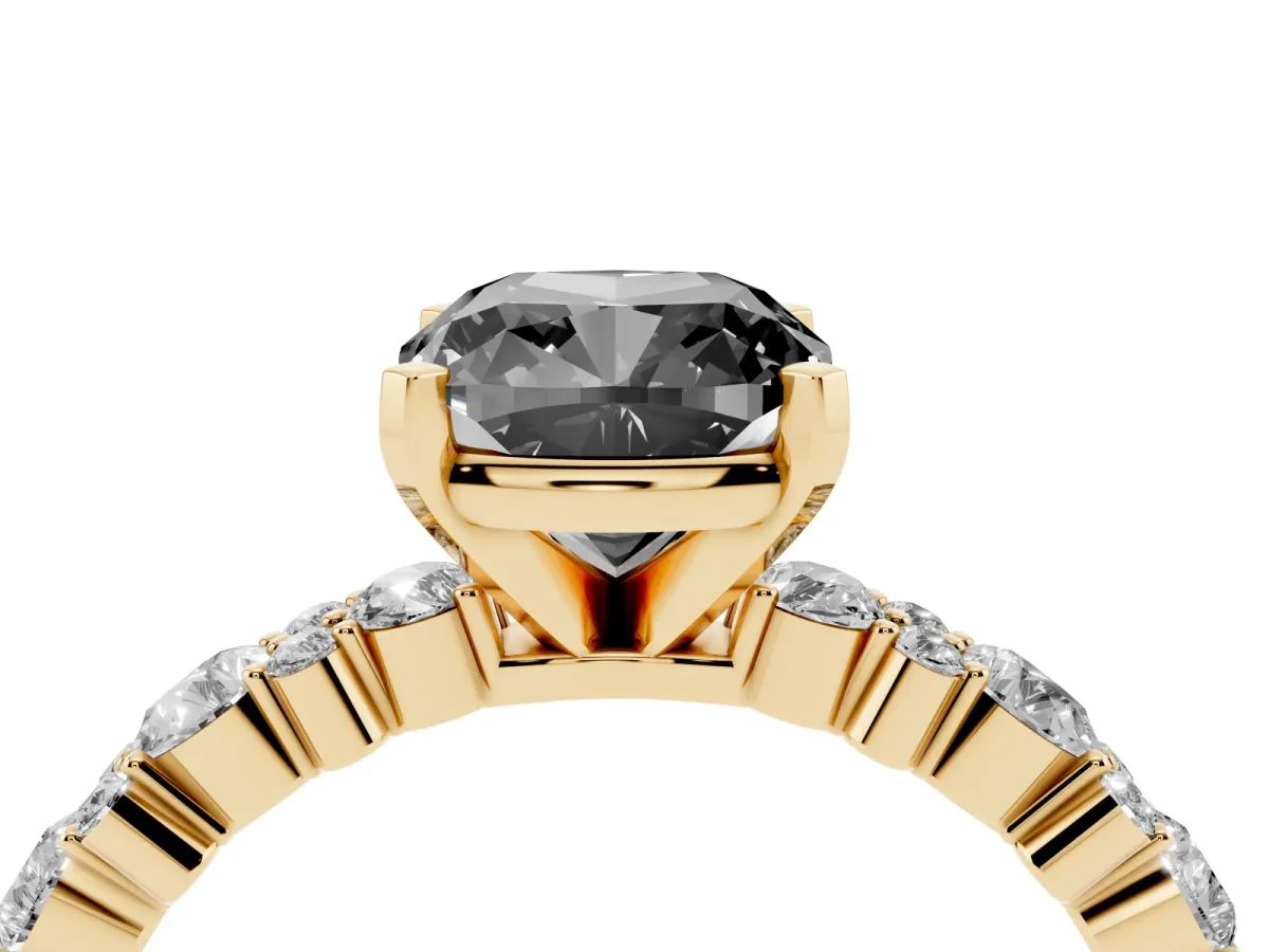Fancy Black Cushion Cut Diamond Side Stone Solitaire Ring with Round and Four-Prong Setting Yellow gold