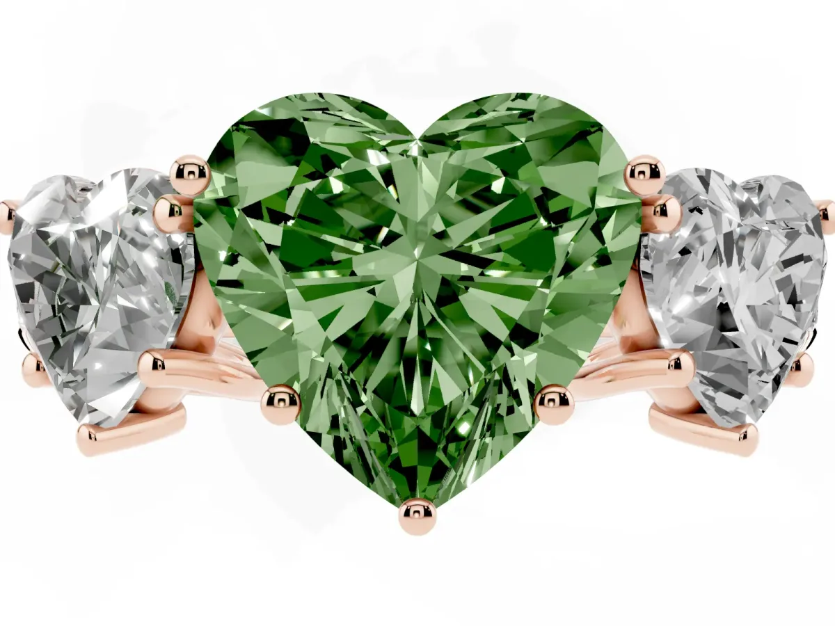 Fancy Green Three-Stone Heart Cut Diamond Pavé Band with Prong Setting Rose gold