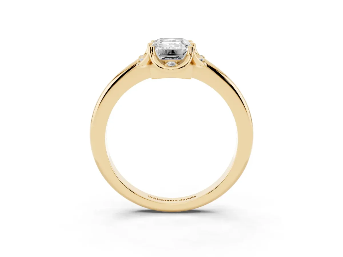 Emerald Cut Halo Diamond Ring with Round Cluster Setting, Solitaire Band, and Four-Prong Setting Yellow gold