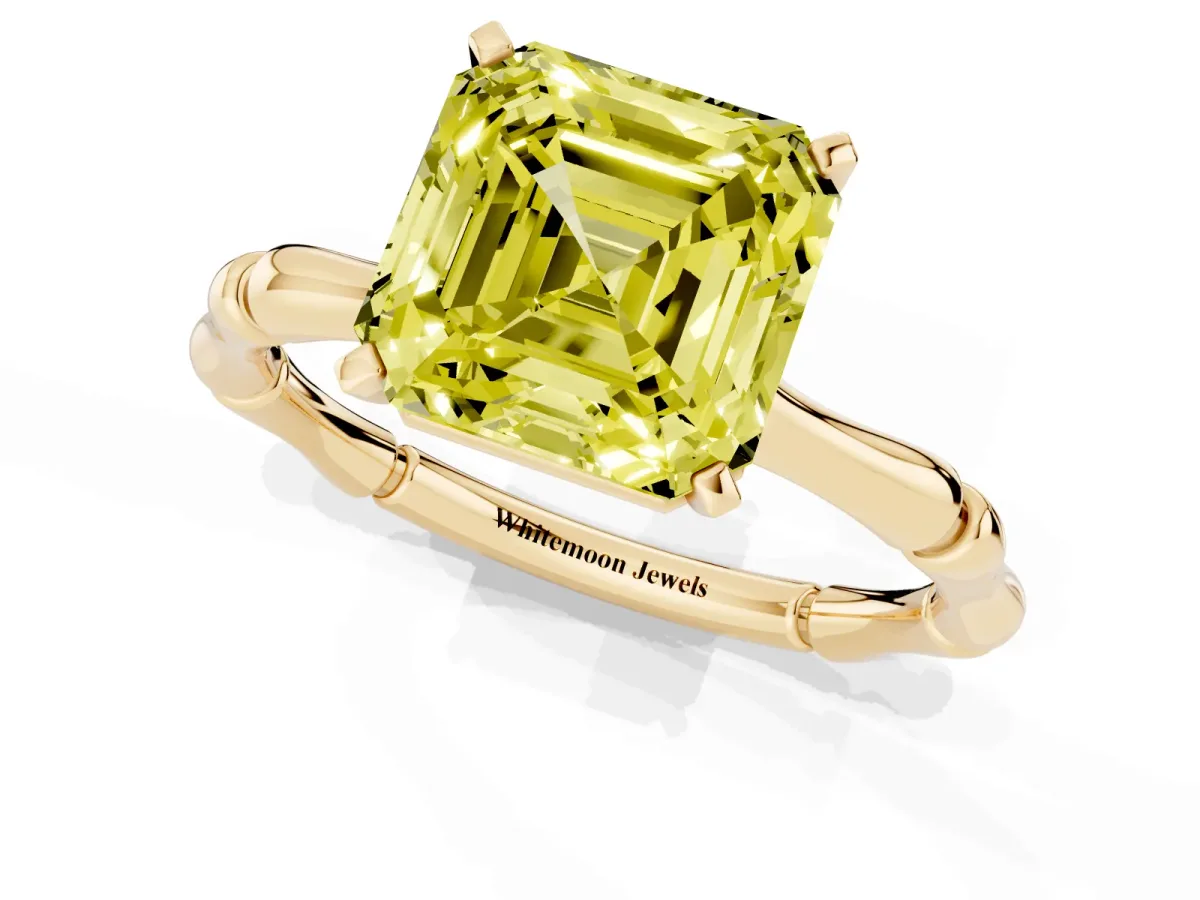 Fancy Yellow Asscher Cut Solitaire Diamond Ring with Bamboo Band and Four-Prong Setting Yellow gold
