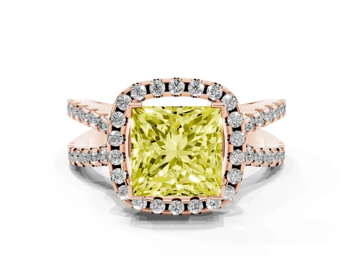 Fancy Yellow Princess Cut Diamond Halo Ring with Split Shank Pavé Band and Prong Setting Rose gold
