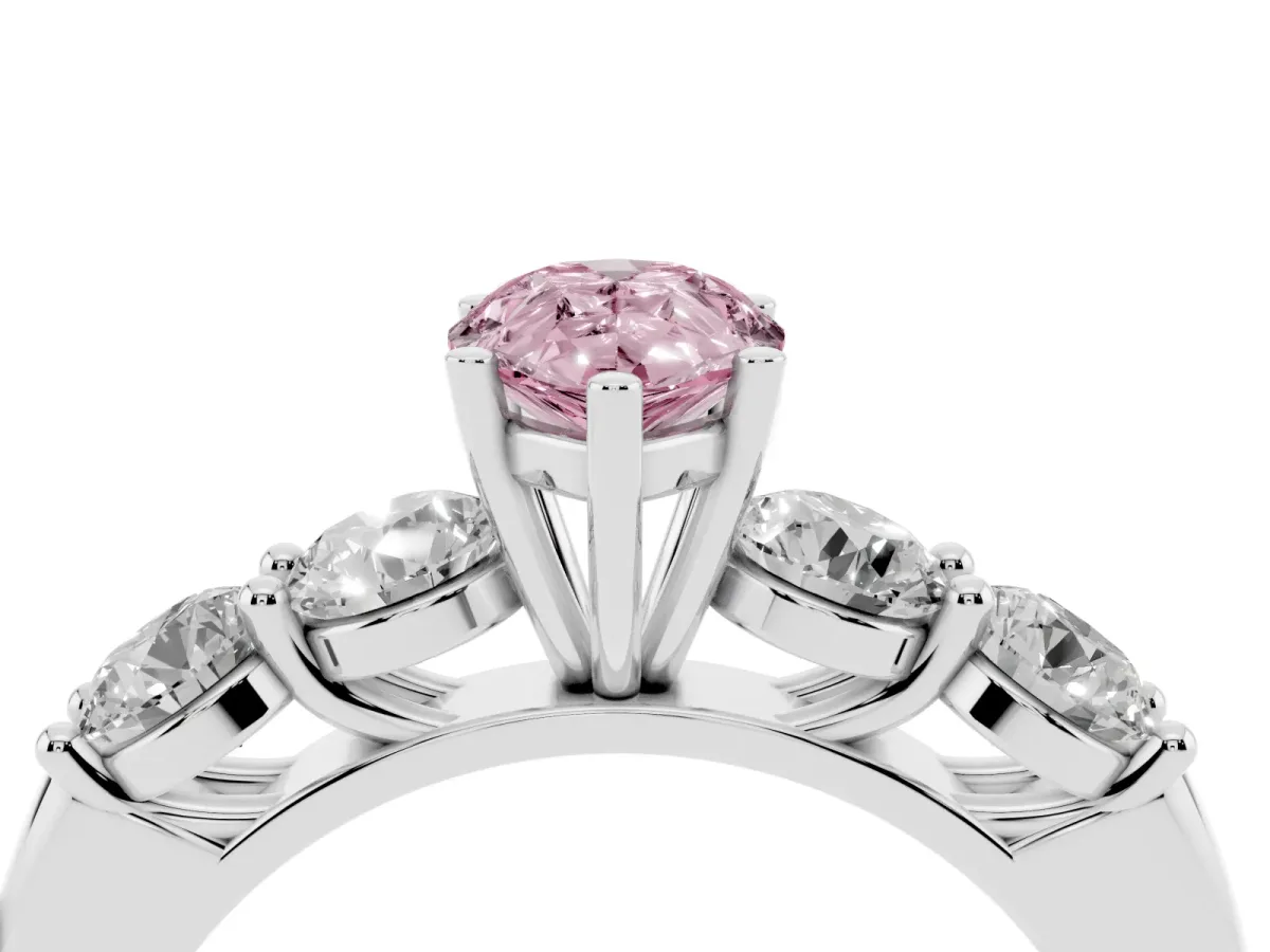 Fancy Pink Pear Cut Cut Five-Stone Prong Set Diamond Ring with Classic Band Platinum