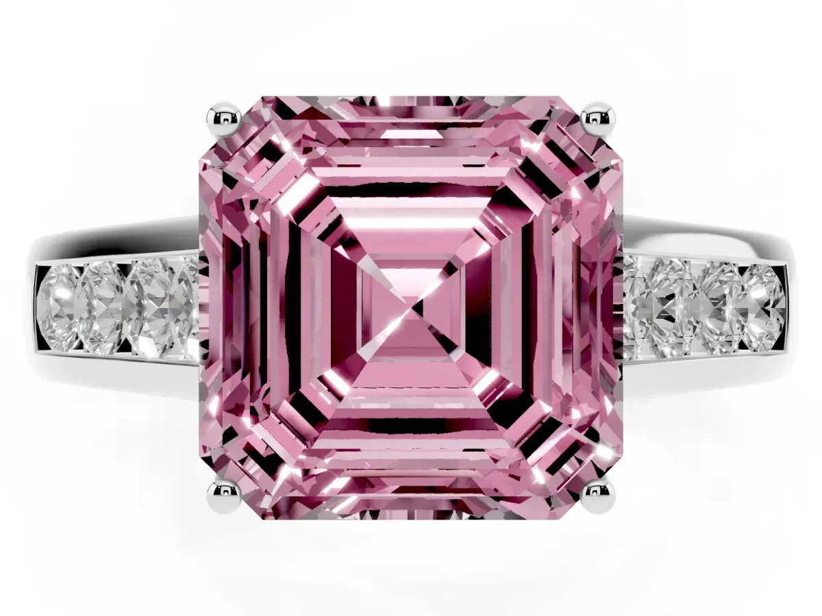 Fancy Pink Asscher Cut Brilliant Channel-Set Solitaire Ring with Four-Prong Setting Silver