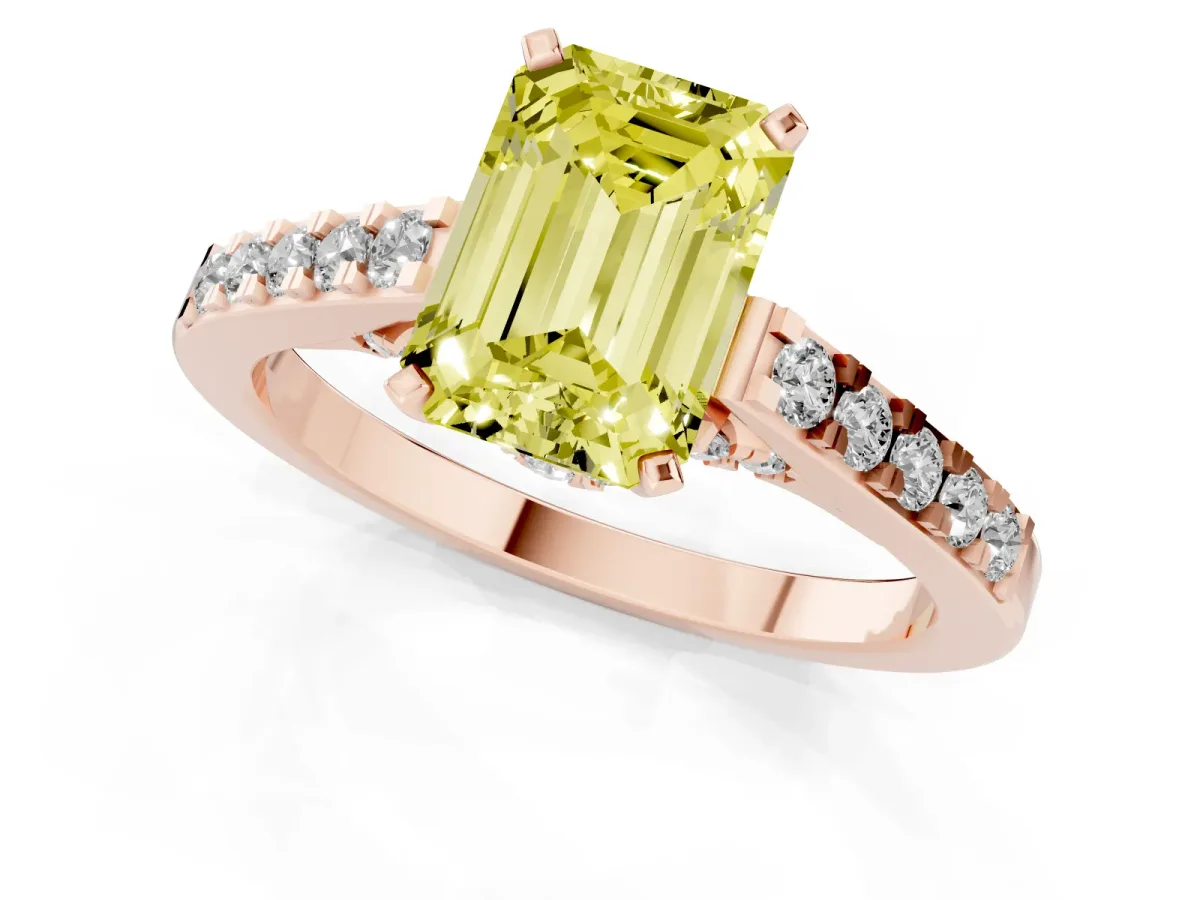 Fancy Yellow Emerald Cut Diamond Solitaire Ring with Crossover Gallery and Round Pavé Band Rose gold