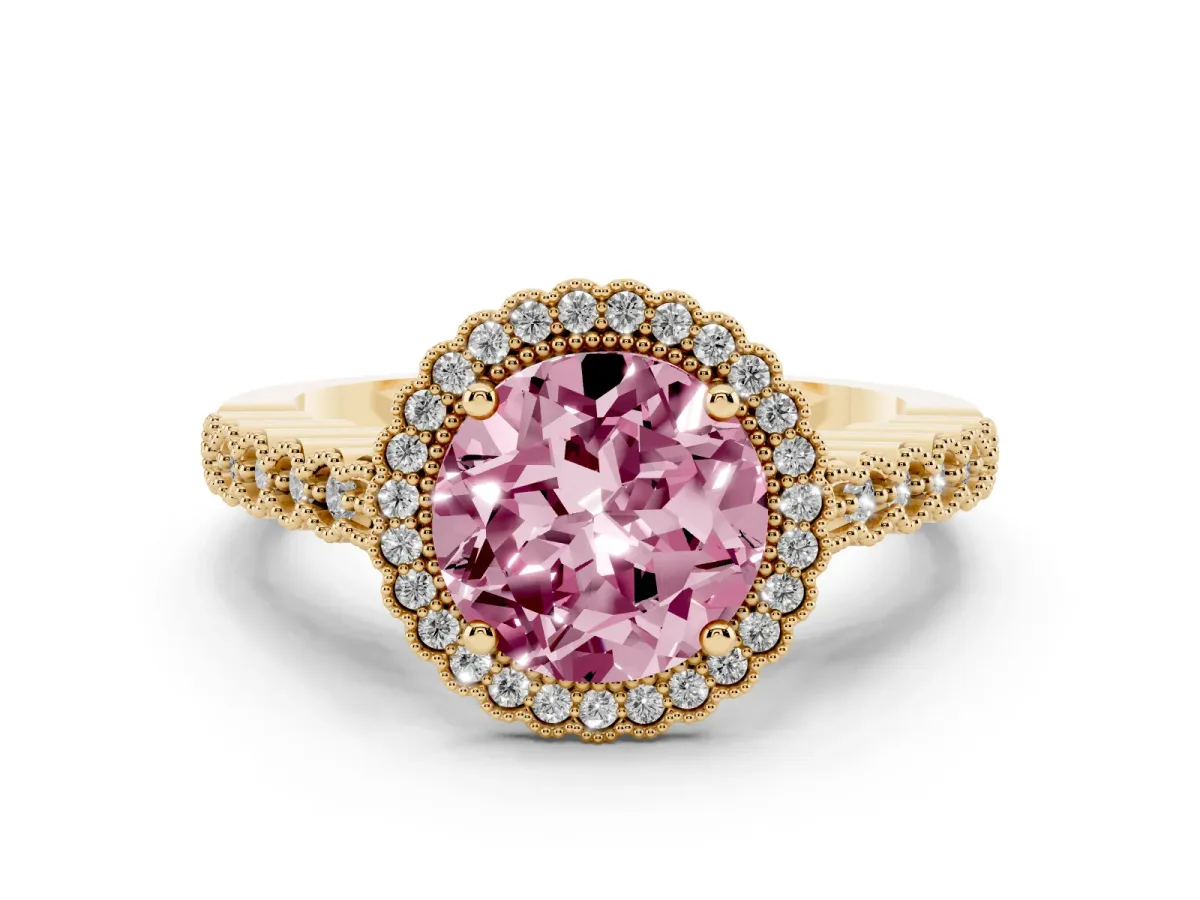 Fancy Pink Round Cut Cut Halo Pavé Solitaire Ring with Milgrain Band Yellow gold