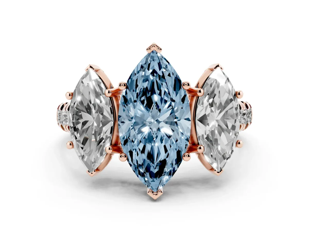 Fancy Blue Three-Stone Marquise Cut Diamond Pavé Band with Prong Setting Rose gold