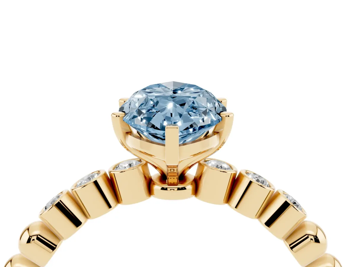 Fancy Blue Marquise Cut Solitaire Bezel Accent Diamond Engagement Ring with Beaded Band and Four-Prong Setting Yellow gold