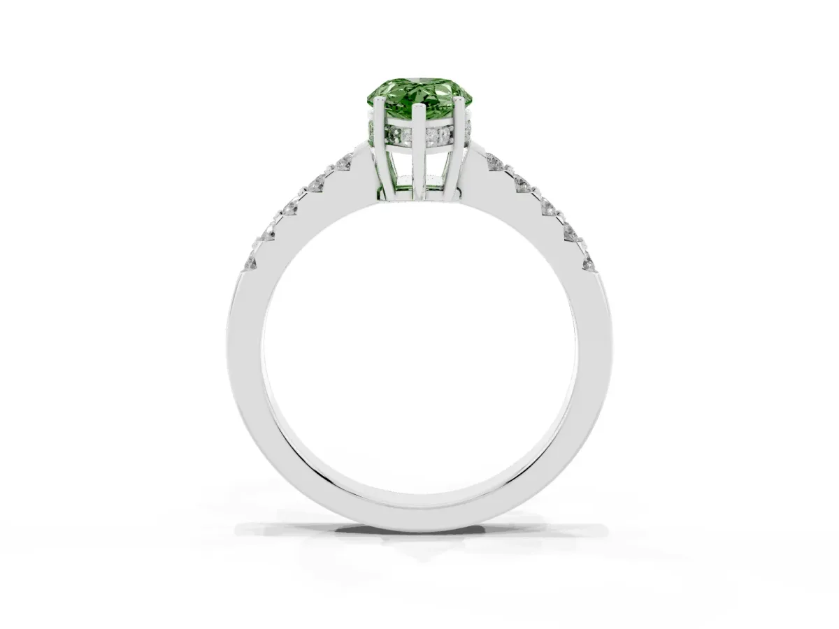Fancy Green Pear Cut Solitaire Diamond Engagement Ring with Pavé Band and Six-Prong Setting Platinum
