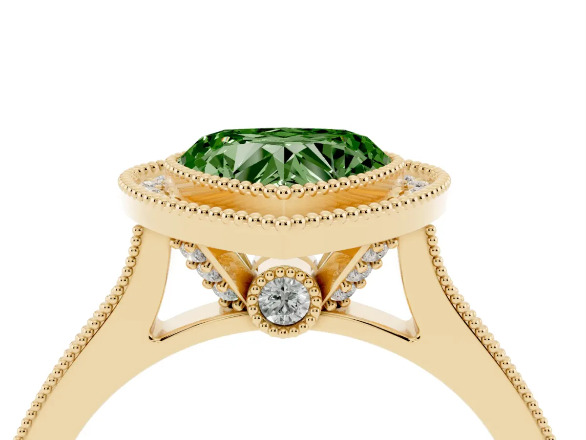 Fancy Green Halo Heart Cut-Cut Diamond Pave Band Milgrain Prong Setting Ring Yellow gold