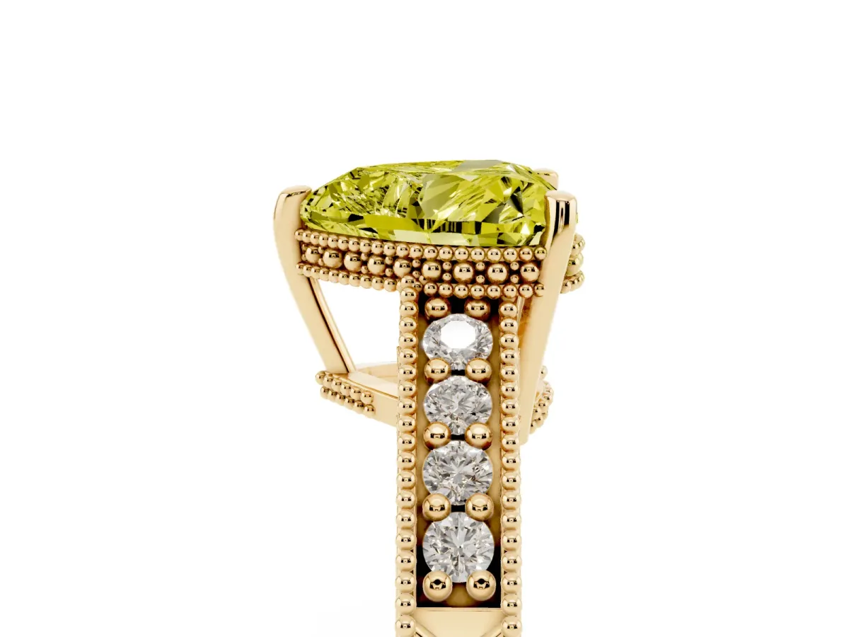 Fancy Yellow Heart Cut Solitaire Pavé Diamond Milgrain Engagement Ring with Four-Prong Setting Yellow gold