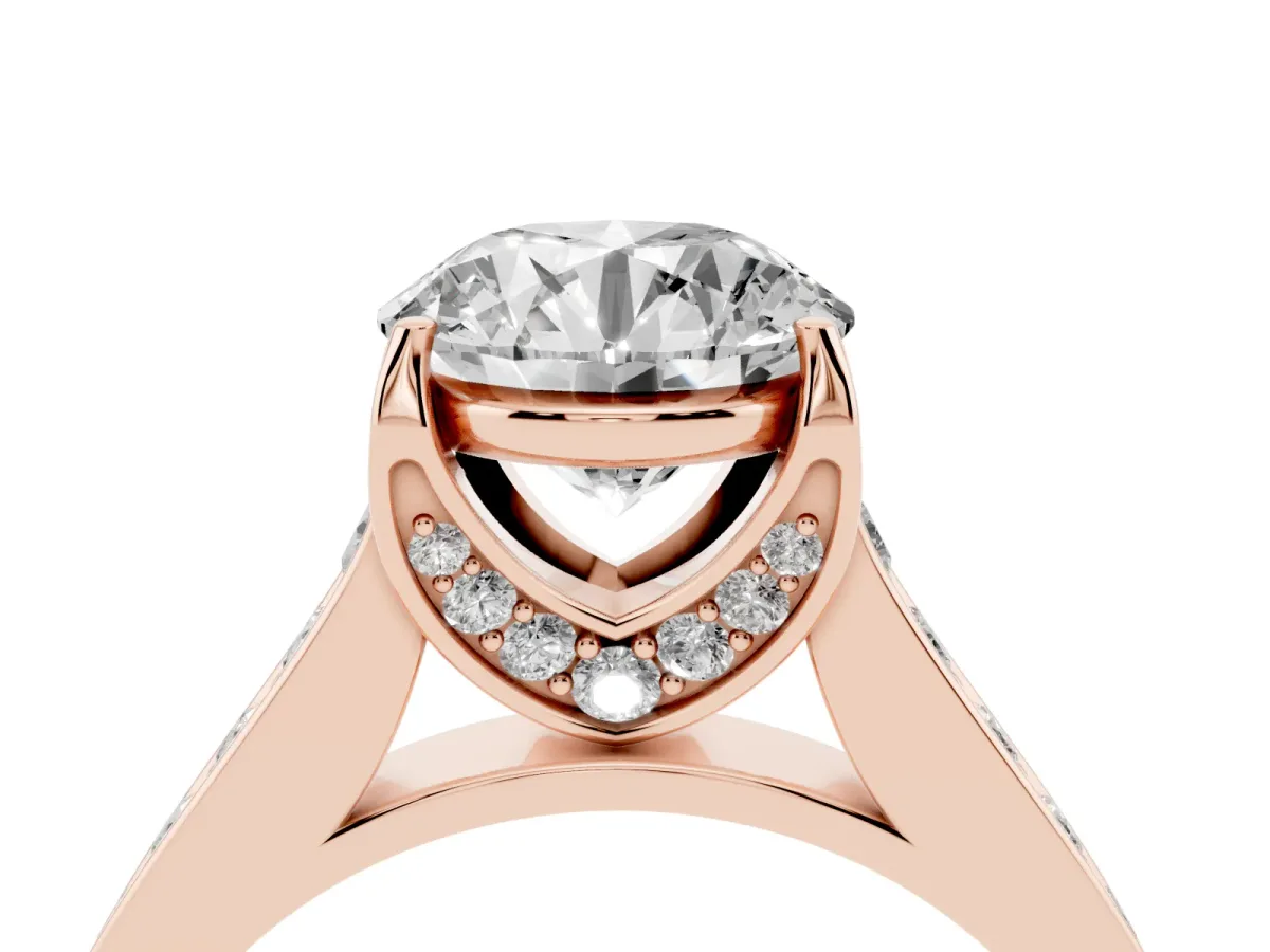 Round Cut Brilliant Cut Diamond Engagement Ring with Pavé Band and Four-Prong Setting Rose gold