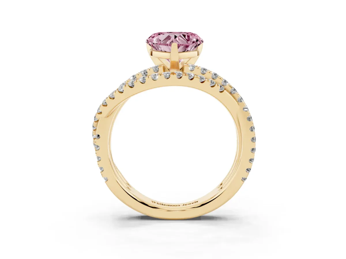 Fancy Pink Heart Cut Solitaire Twist Band with Pavé Setting and Four-Prong Setting Yellow gold
