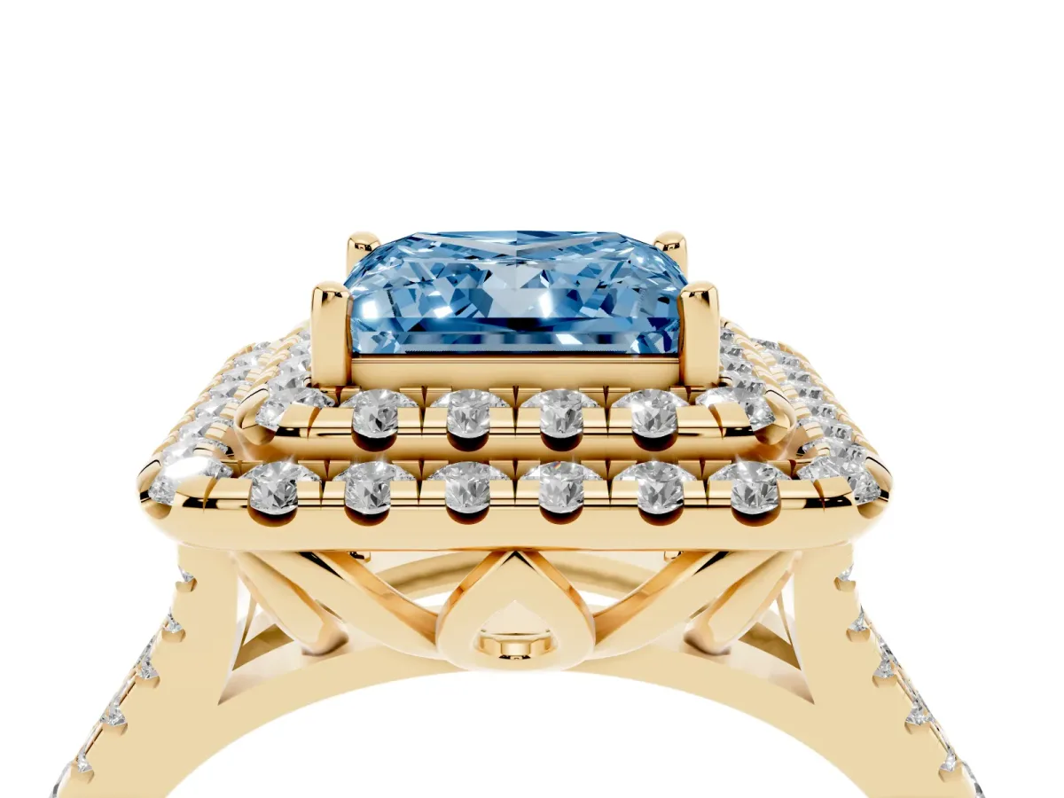 Fancy Blue Double Halo Princess Cut Diamond Pavé Split Shank Ring with Prong Setting Yellow gold