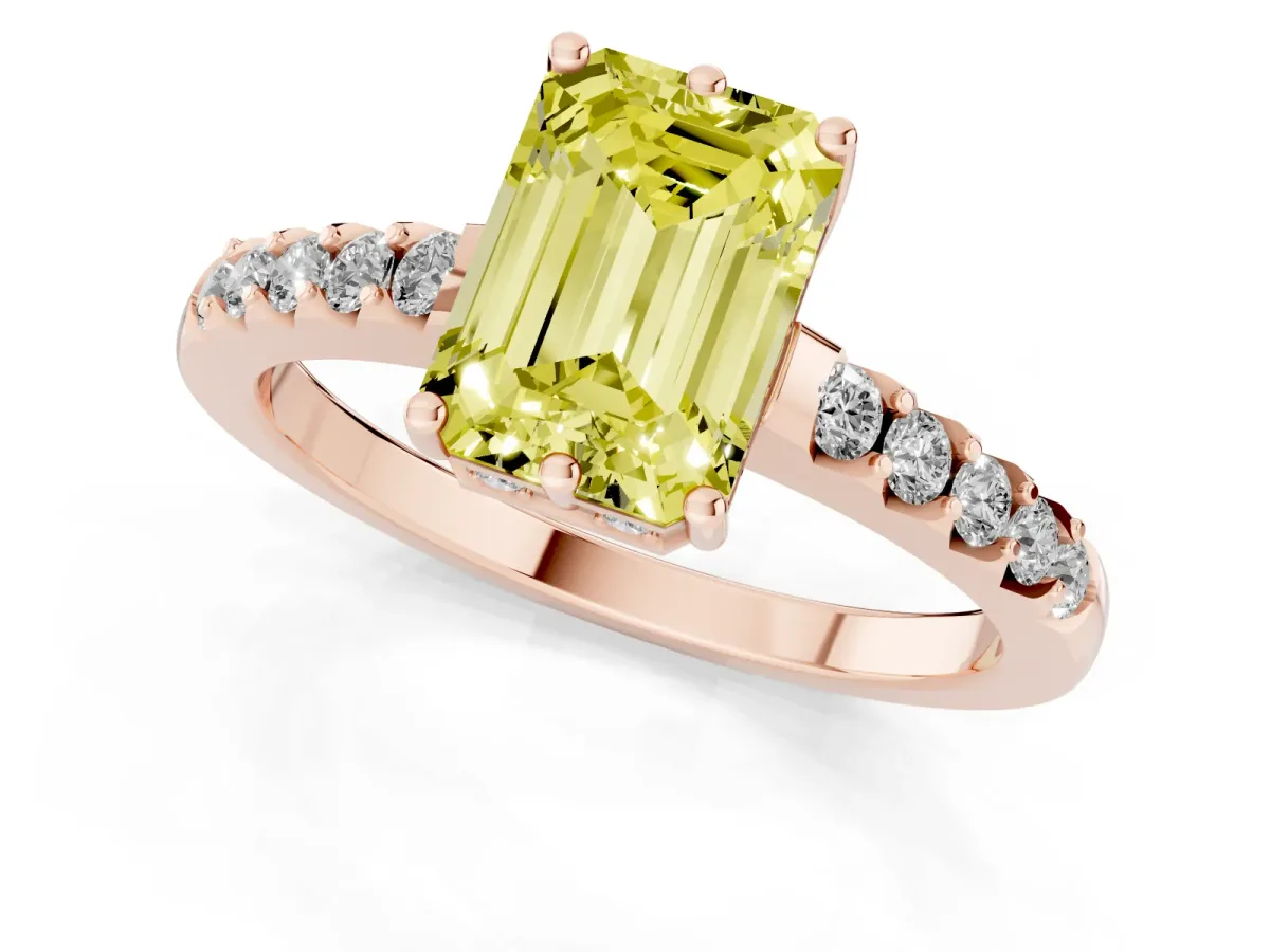 Fancy Yellow Emerald Cut Solitaire Diamond Engagement Ring with Pavé Band and Six-Prong Setting Rose gold