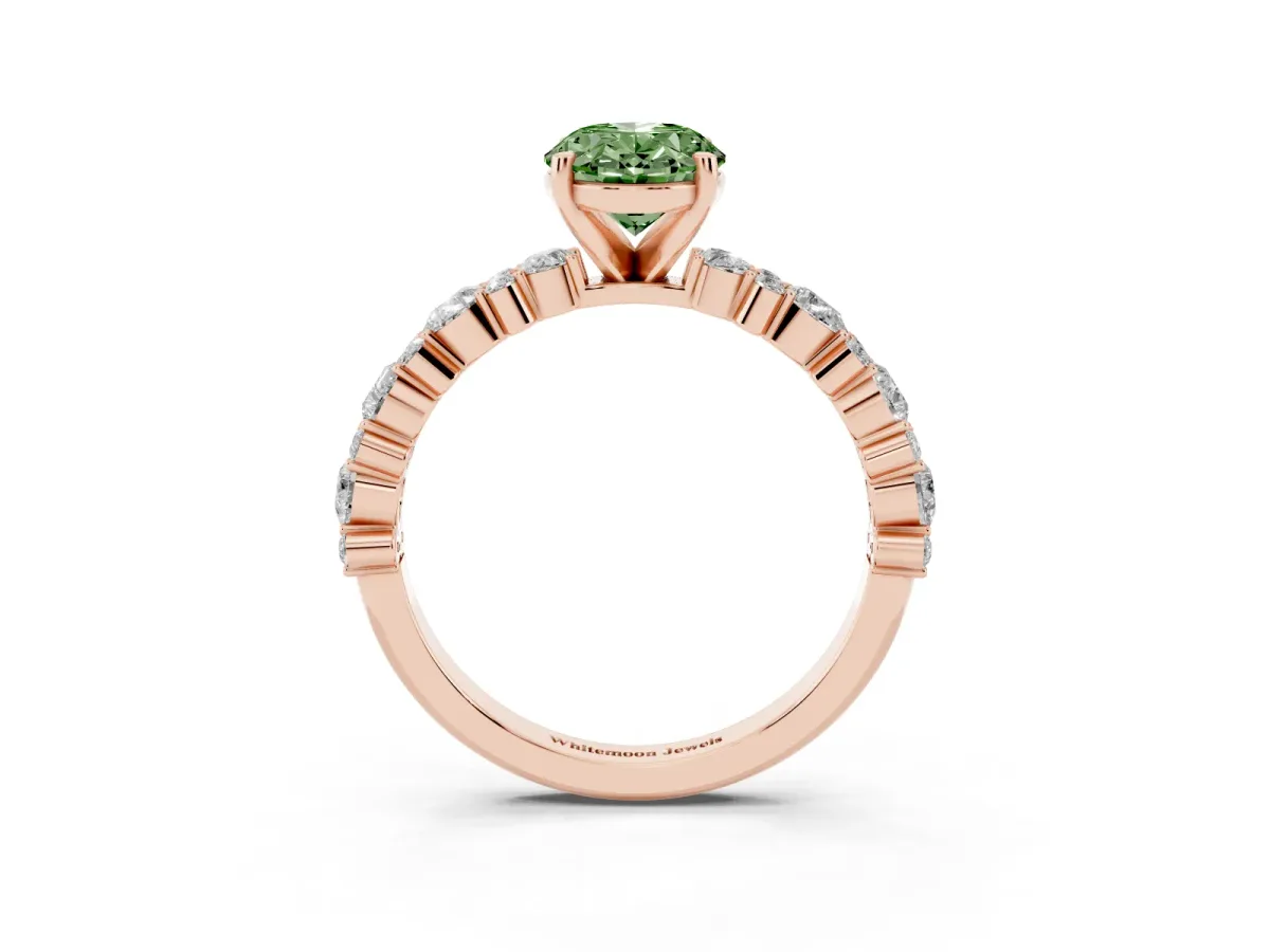 Fancy Green Oval Cut Diamond Side Stone Solitaire Ring with Round and Four-Prong Setting Rose gold