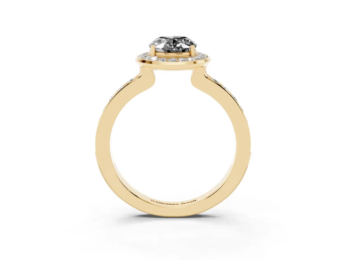 Fancy Black Oval Cut Diamond Halo Ring with Bezel Frame and Pavé Band Yellow gold