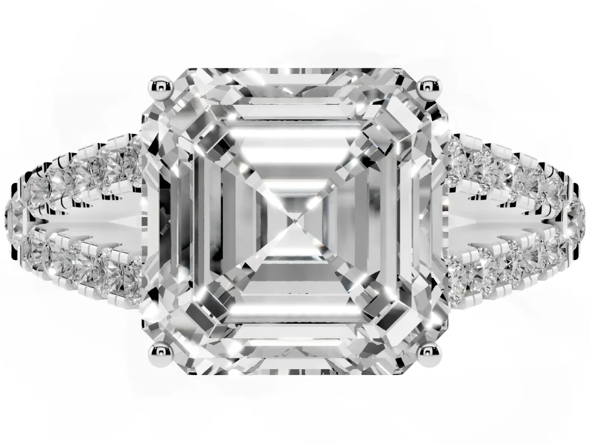 Asscher Cut Diamond Split Shank Engagement Ring with Round Pavé and Prong Setting Platinum
