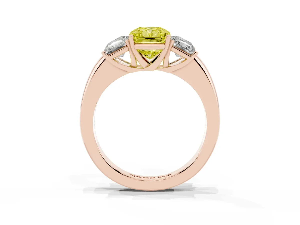 Fancy Yellow Radiant Cut Diamond Three-Stone Ring with Four-Prong Setting and Classic Band Rose gold