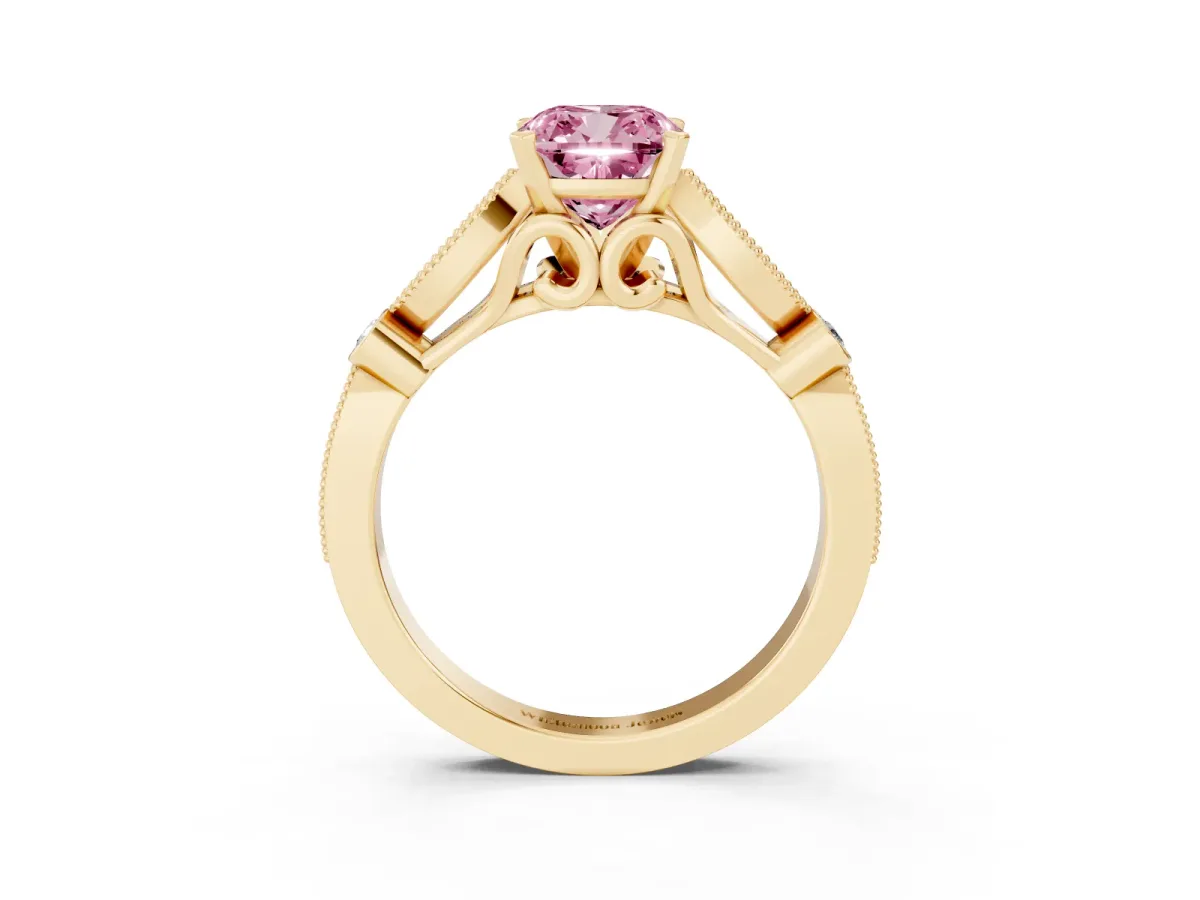Fancy Pink Cushion Cut Cut Diamond with Milgrain Marquise and Bezel Accents on a Solitaire Band with Prong Setting Yellow gold