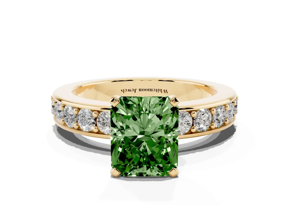 Fancy Green Radiant Cut Diamond Engagement Ring with Channel Set Round Band and Prong Setting Yellow gold