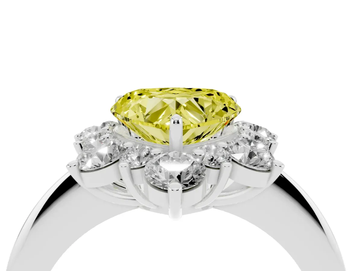 Fancy Yellow Heart Cut Diamond Cluster Halo Ring with Solitaire Band and Four-Prong Setting White gold
