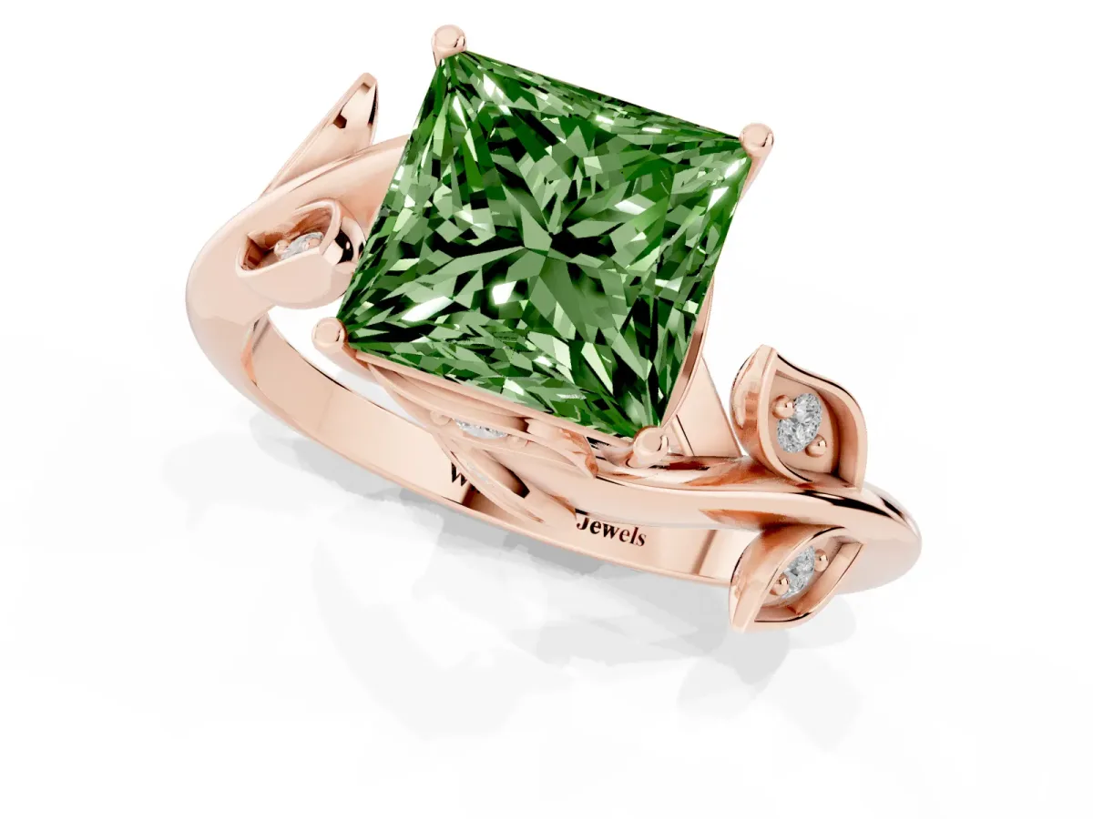 Fancy Green Princess Cut Solitaire Twist Engagement Ring with Leaf Accents and Prong Setting Rose gold