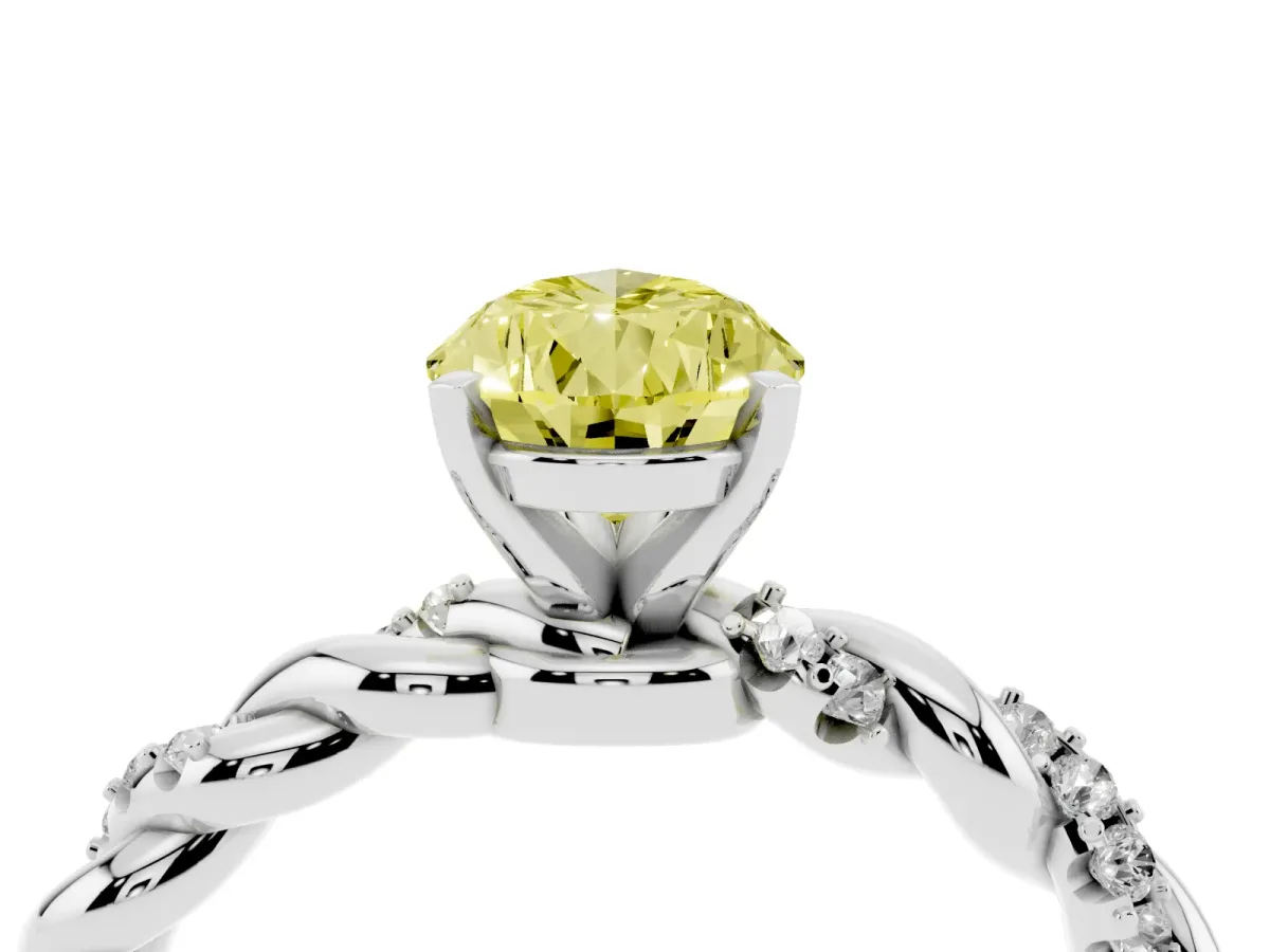 Fancy Yellow Pear Cut Diamond Solitaire Ring with Twisted Band and Pavé Accents Platinum
