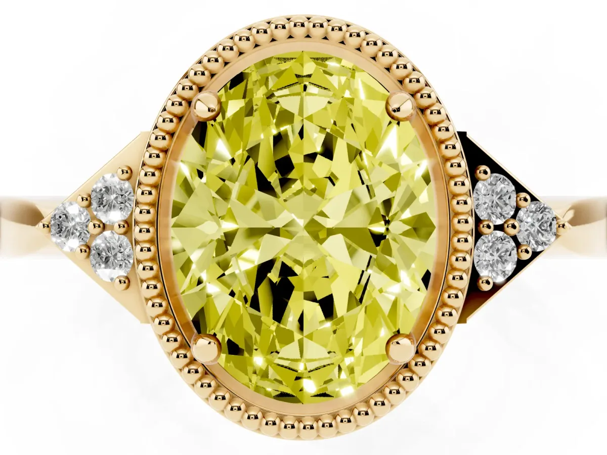Fancy Yellow Hexagonal Halo Oval Cut Diamond Solitaire with Pavé Band and Four-Prong Setting Yellow gold