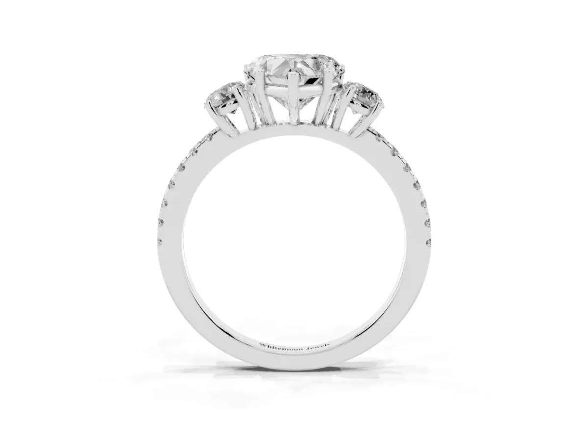 Three-Stone Heart Cut Cut Diamond Pavé Band with Prong Setting Platinum