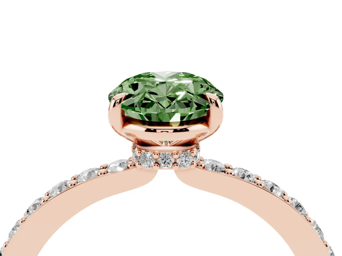 Fancy Green Oval Cut Diamond Pavé Engagement Ring with Round Accents and Prong Setting Rose gold