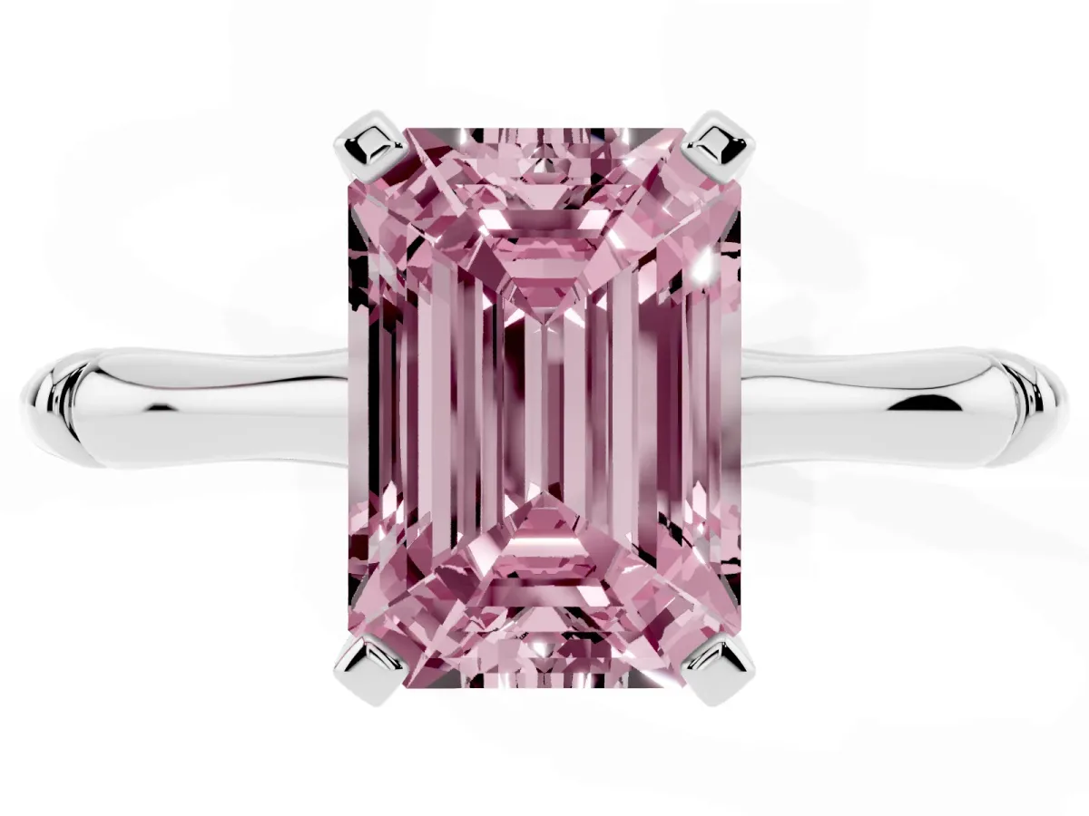 Fancy Pink Emerald Cut Solitaire Diamond Ring with Bamboo Band and Four-Prong Setting Silver