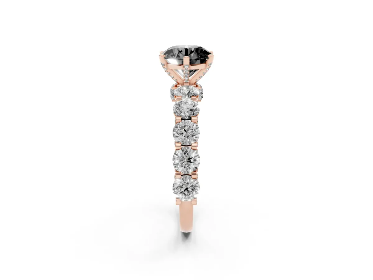 Fancy Black Round Cut Diamond Side Stone Engagement Ring with Four-Prong Setting Rose gold