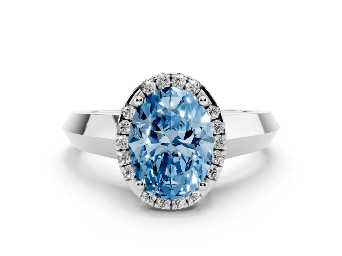 Fancy Blue Oval Cut Halo Diamond Ring with Cathedral Band and Four-Prong Setting Platinum