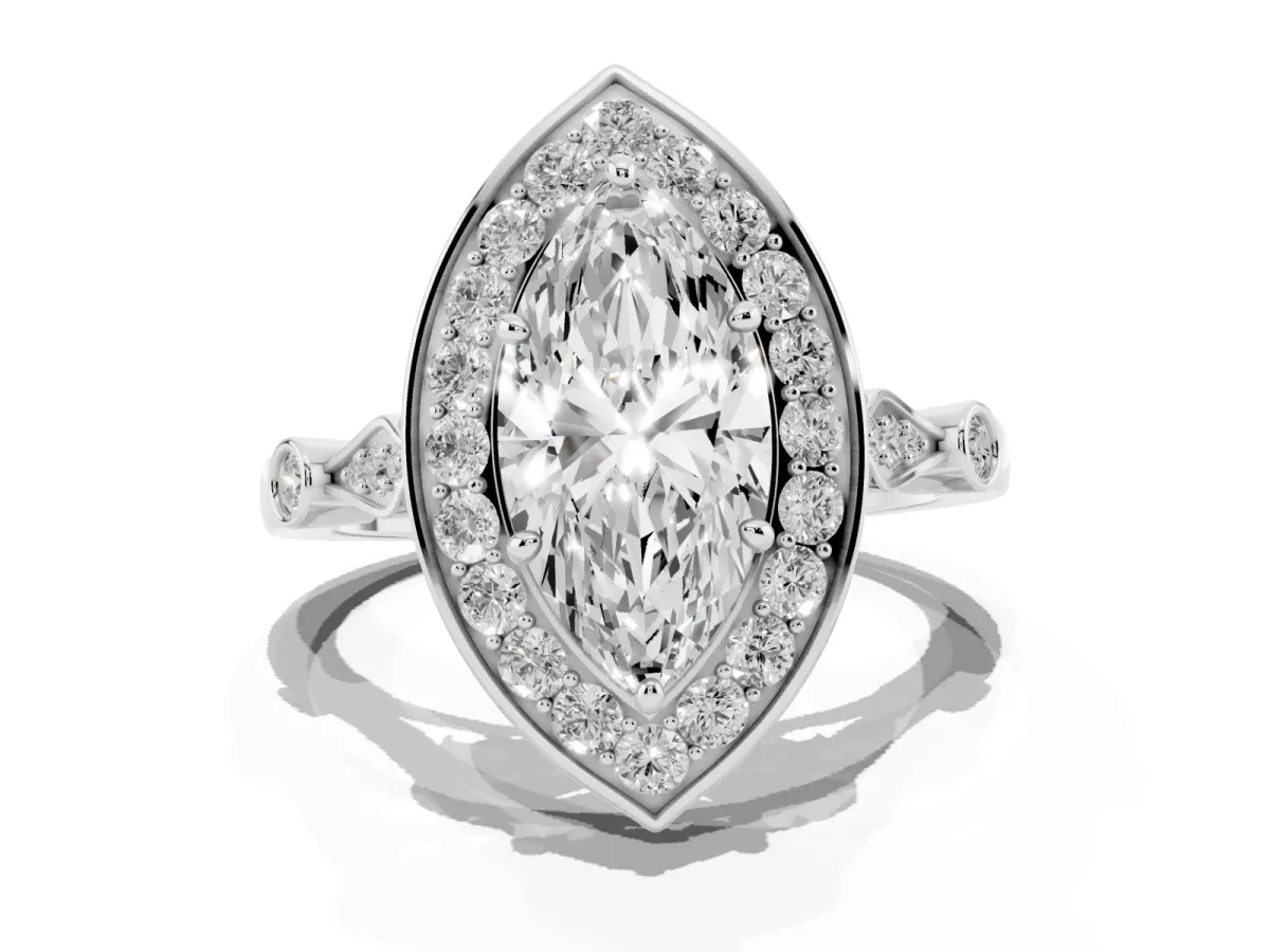 Marquise Cut Halo Diamond Engagement Ring with Twisted Band and Four-Prong Setting White gold