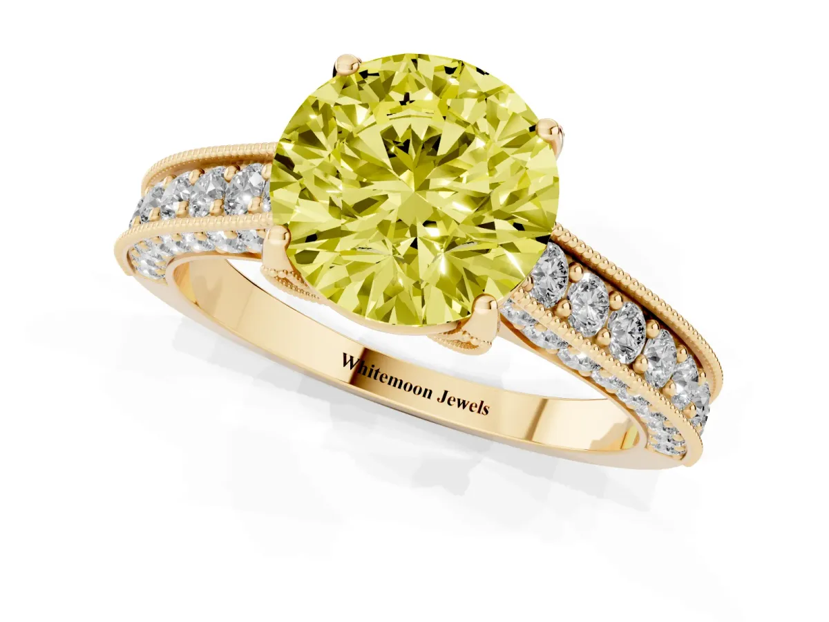 Fancy Yellow Round Cut Cut Diamond Solitaire Ring with Milgrain Pave Band and Four Prong Setting Yellow gold