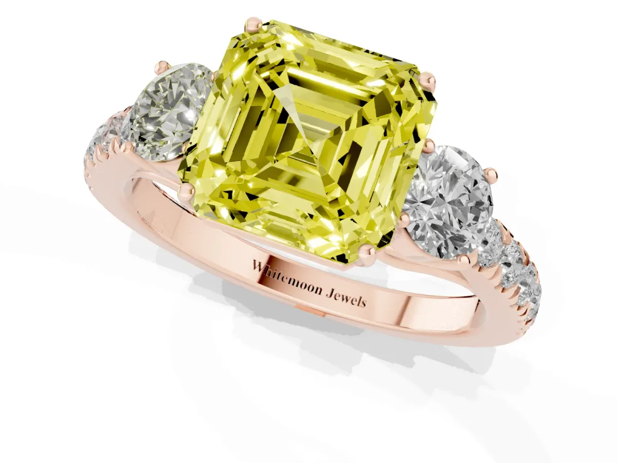 Fancy Yellow Asscher Cut Cut Diamond Three-Stone Ring with Round Side Stones and Pavé Band Rose gold