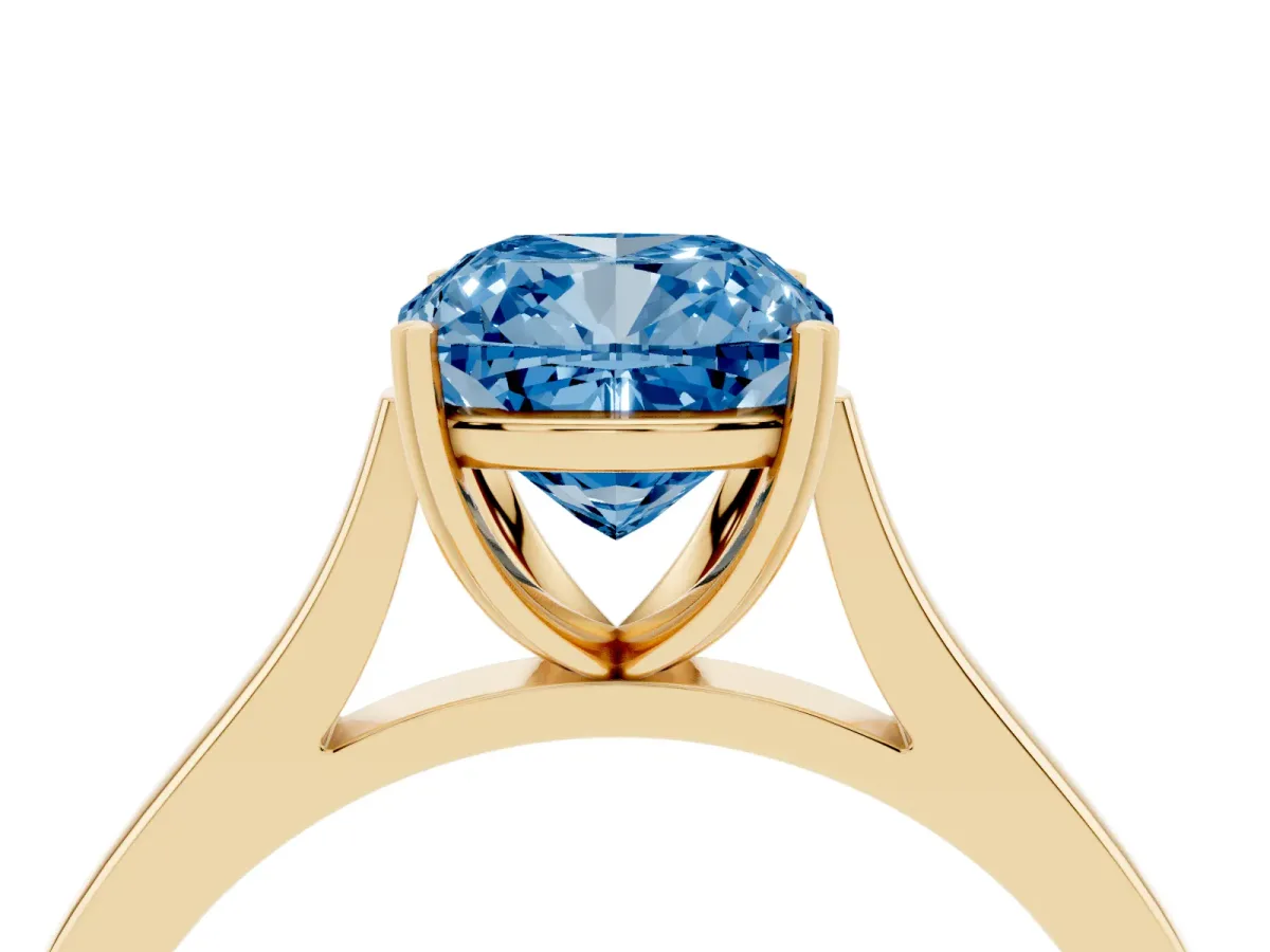 Fancy Blue Cushion Cut Solitaire Heart Prong Engagement Ring with Tapered Band Yellow gold