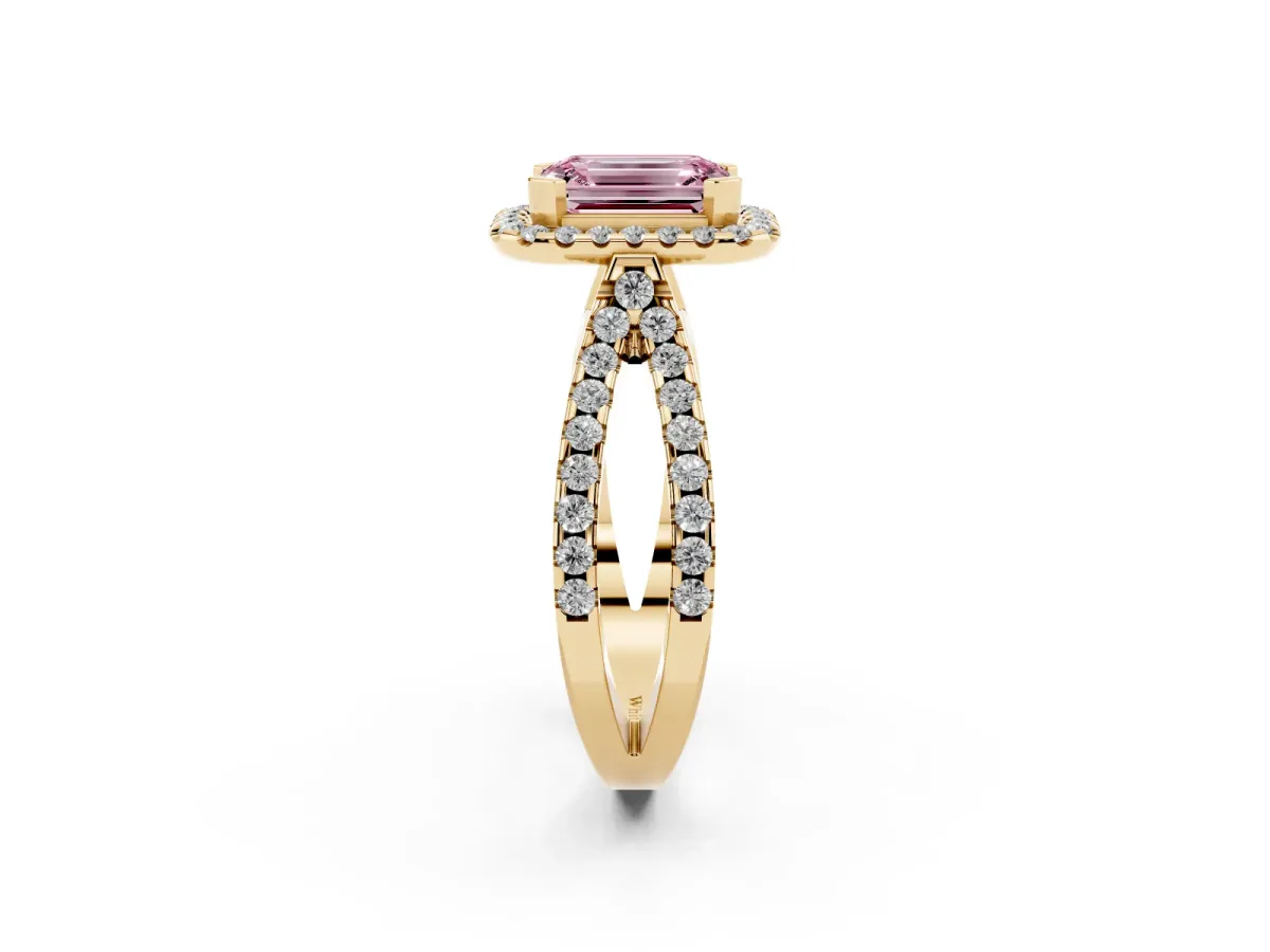 Fancy Pink Emerald Cut Diamond Halo Ring with Split Shank Pavé Band and Prong Setting Yellow gold
