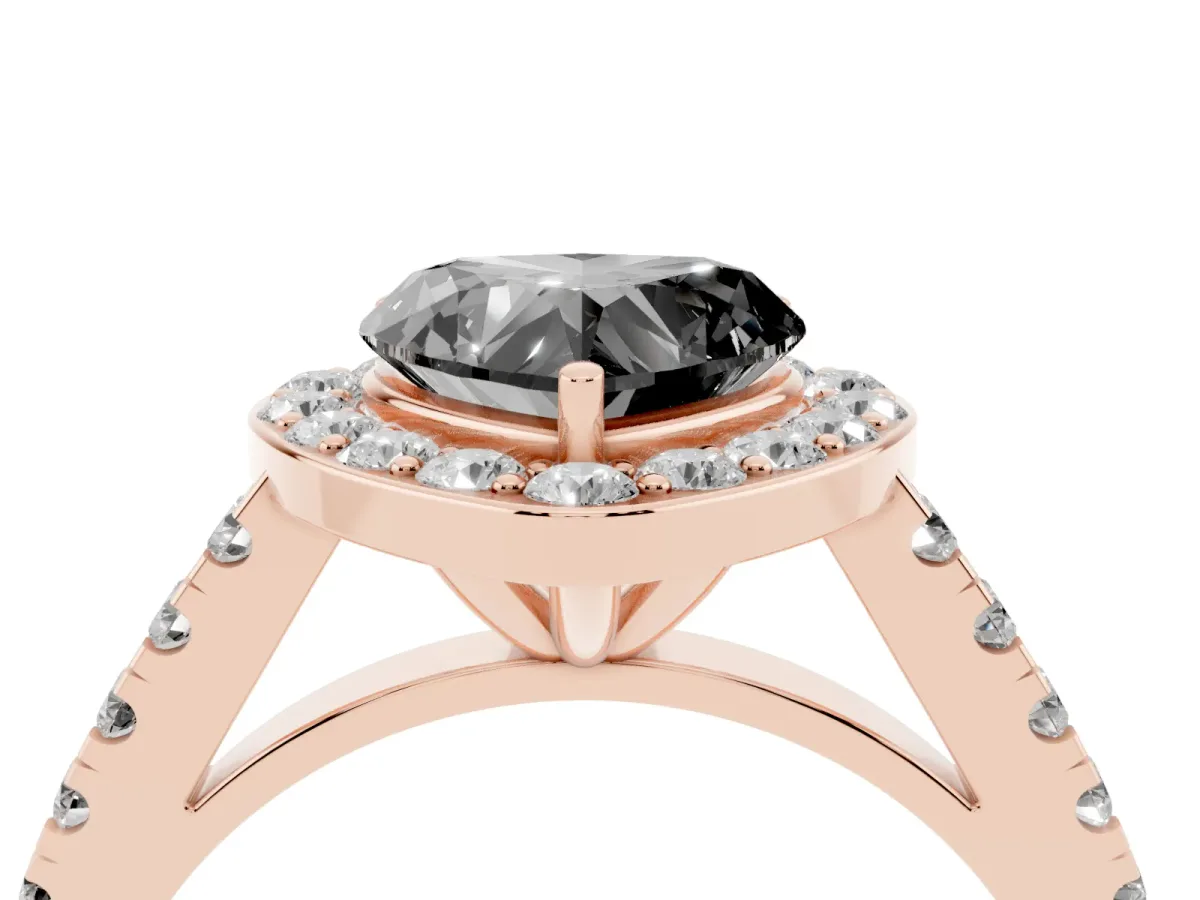 Fancy Black Heart Cut Diamond Halo Ring with Round Pavé Split Shank and Prong Setting Rose gold