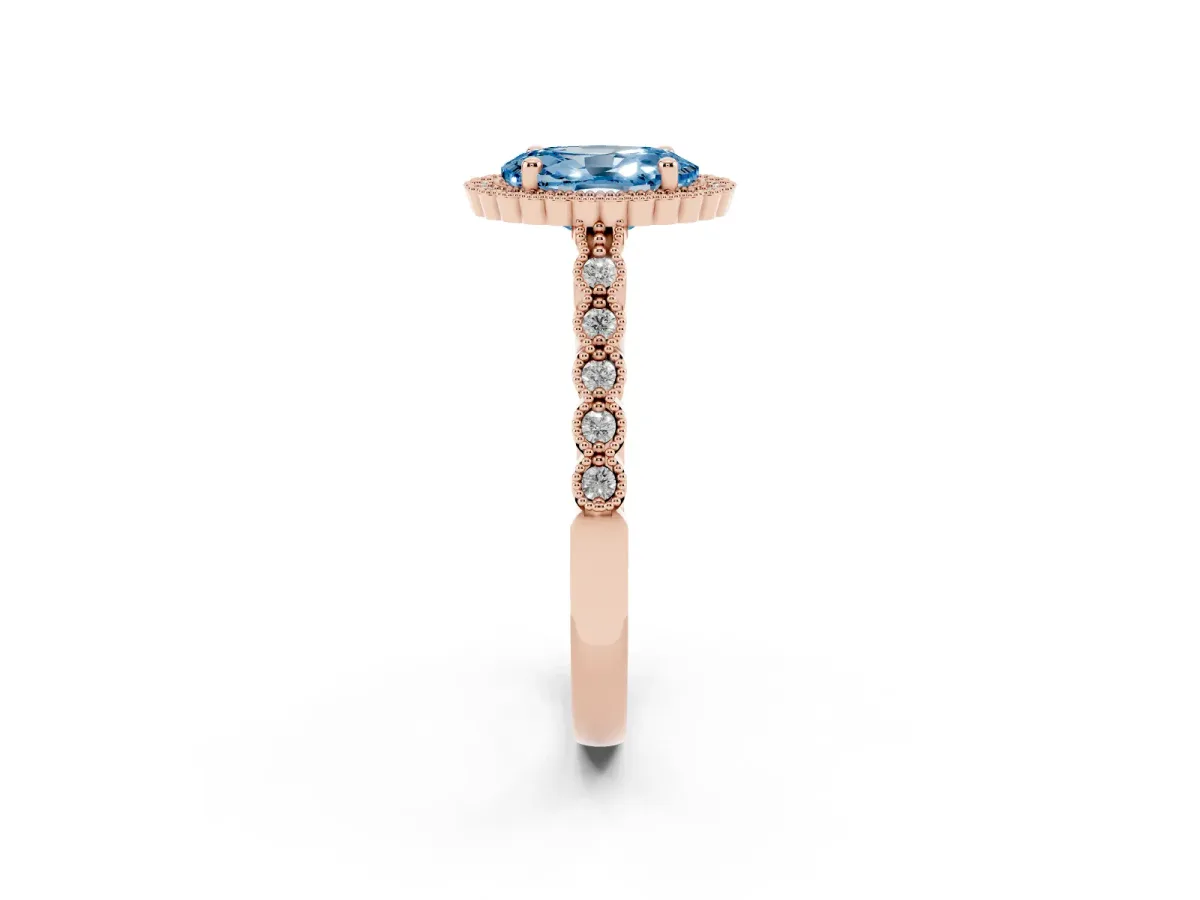 Fancy Blue Oval Cut Cut Halo Pavé Solitaire Ring with Milgrain Band Rose gold