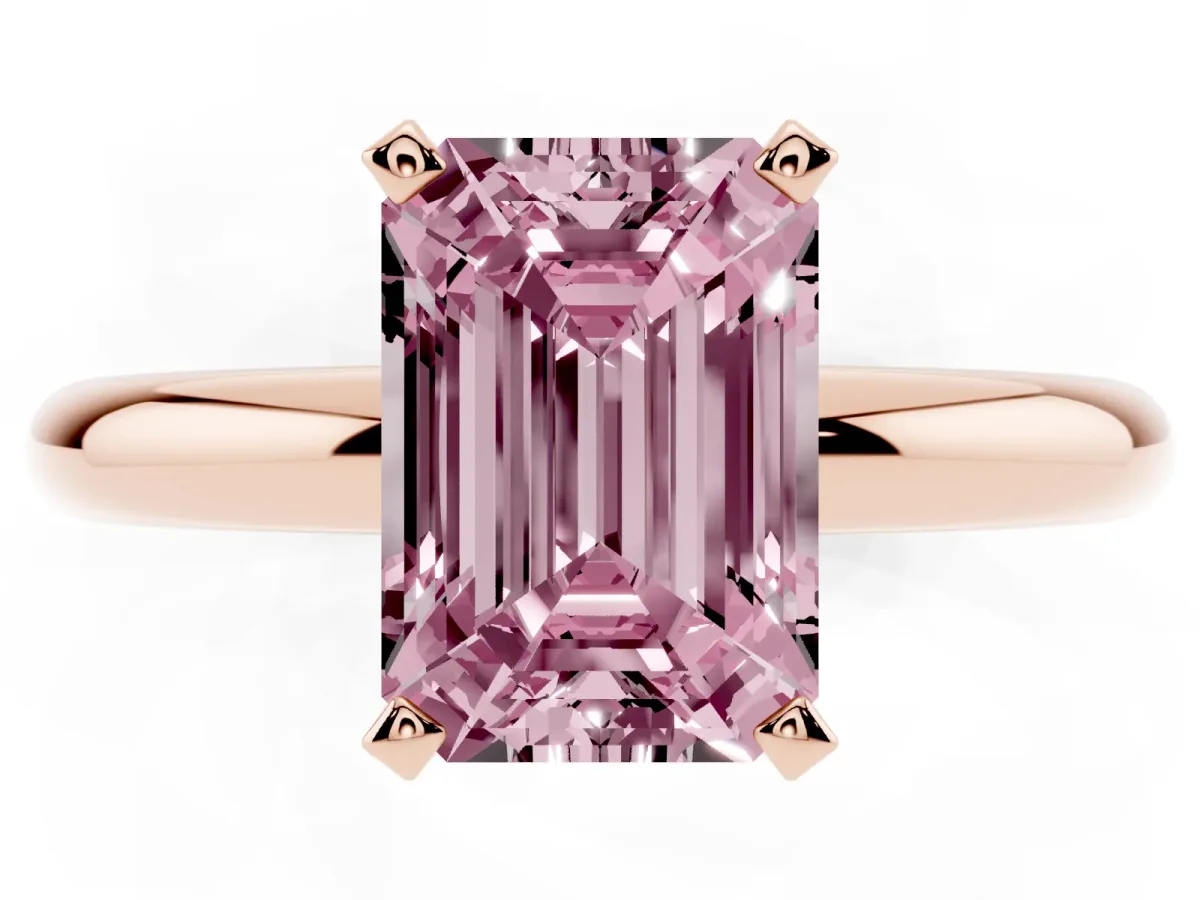 Fancy Pink Emerald Cut Diamond Solitaire Engagement Ring with Round Band and Four-Prong Setting Rose gold