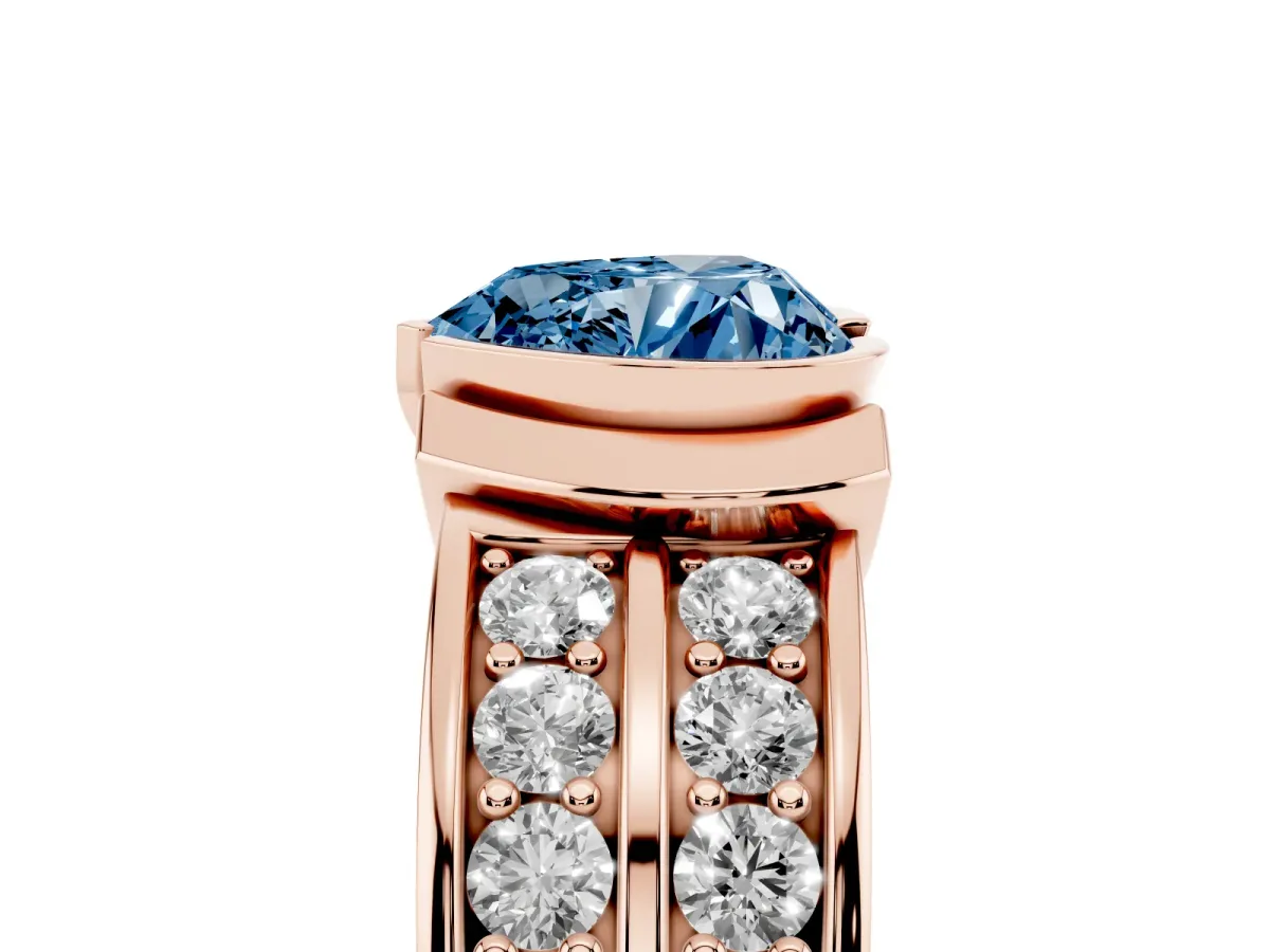 Fancy Blue Heart Cut Brilliant Diamond Channel Set Wide Band Ring with Bezel Setting Rose gold