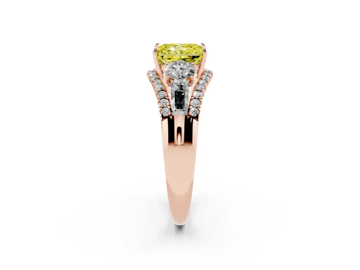 Fancy Yellow Three-Stone Radiant Cut Diamond Engagement Ring with Pave Band and Prong Setting Rose gold