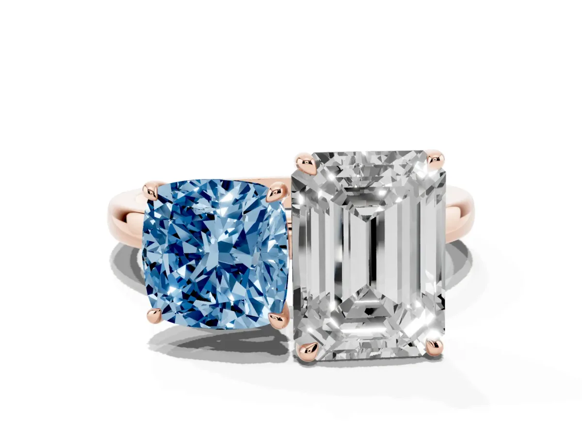 Fancy Blue Cushion Cut and Emerald Cut Toi Moi Ring with Prong Setting Rose gold