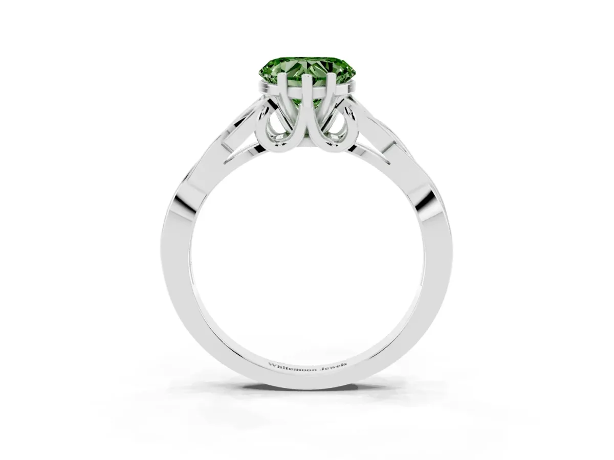 Fancy Green Heart Cut Diamond Solitaire Engagement Ring with Celtic Knot Band and Four-Prong Setting White gold