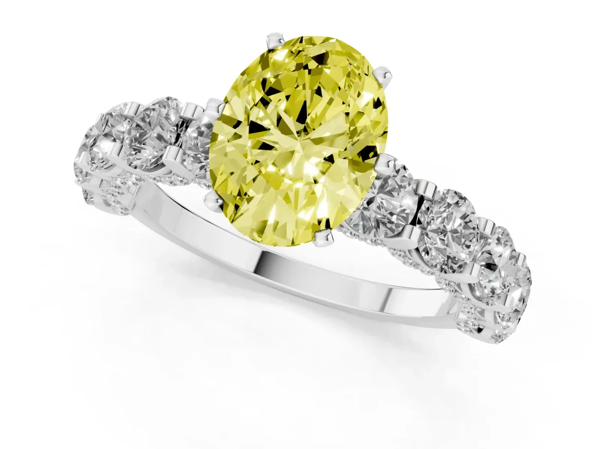 Fancy Yellow Oval Cut Diamond Side Stone Engagement Ring with Four-Prong Setting Platinum
